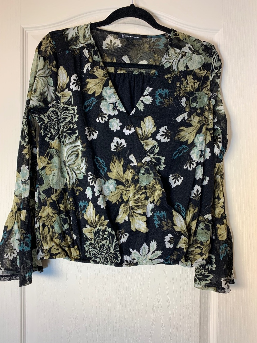 INC International Concepts Floral Sheer Wrap Blouse Bell Sleeves Size M